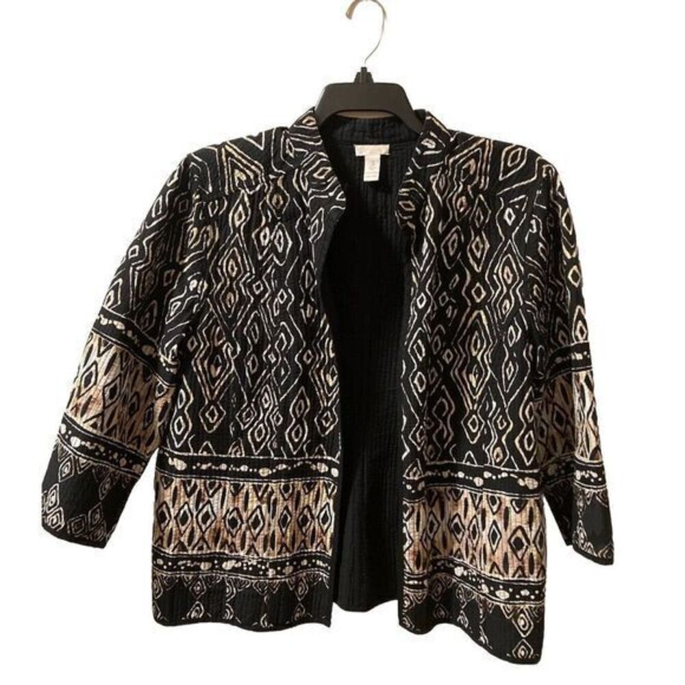 Chicos Jacket Sz 3 XL Black Beige Artsy Chico's All Over Print‎ Cotton Quilted